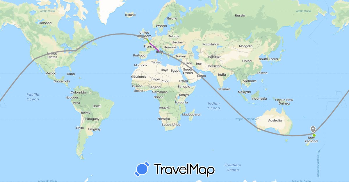 TravelMap itinerary: driving, plane, train, electric vehicle in Australia, France, United Kingdom, Ireland, Italy, New Zealand, United States (Europe, North America, Oceania)